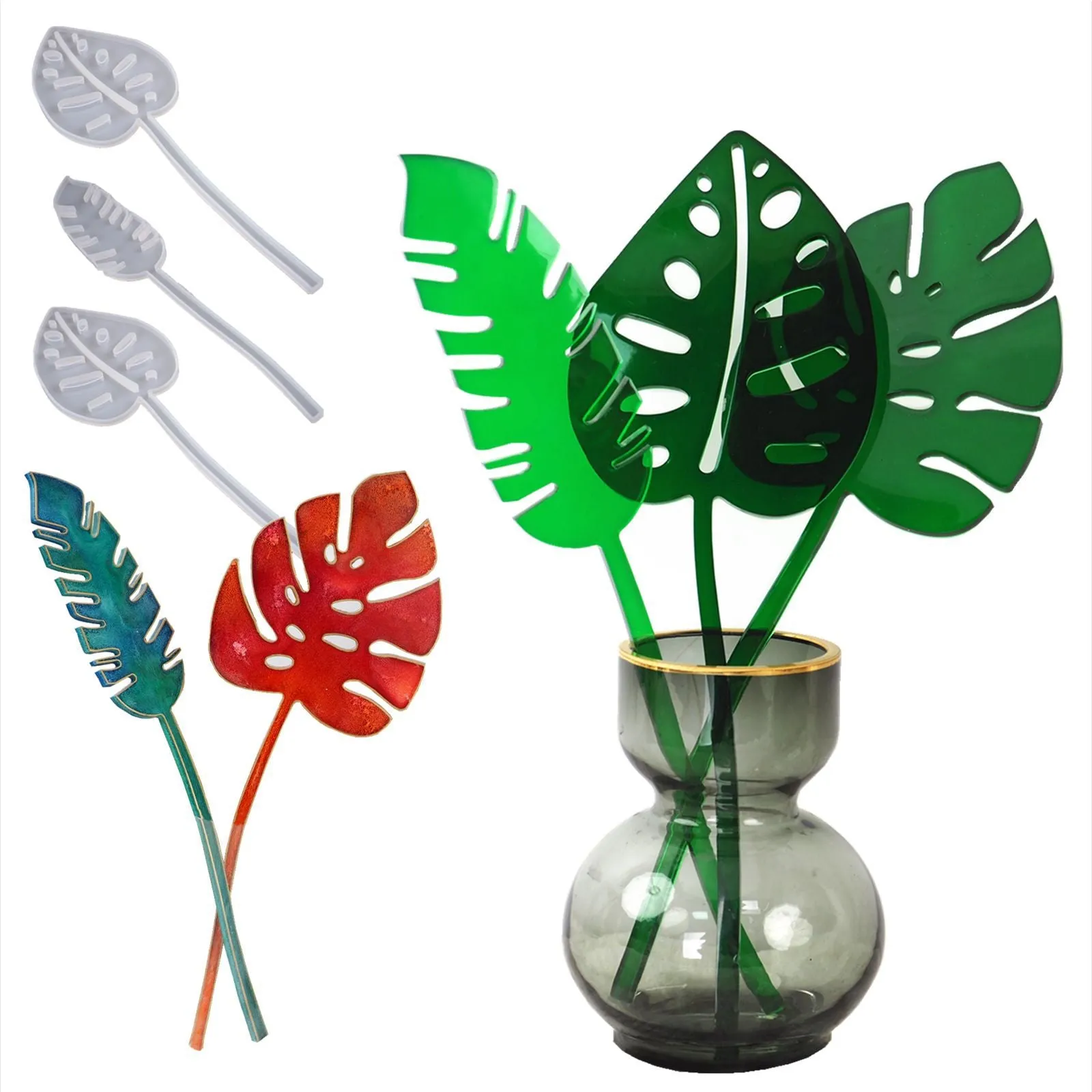 3Pcs Monstera Turtle Leaf Silicone Resin Mold Set With Stems