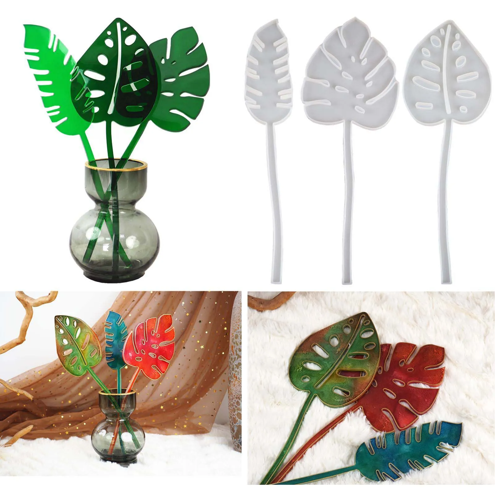 3Pcs Monstera Turtle Leaf Silicone Resin Mold Set With Stems
