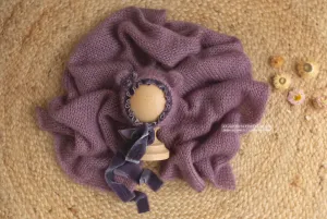 Baby newborn wrap and bear bonnet set, mauve, pastel purple, velvet, made to order