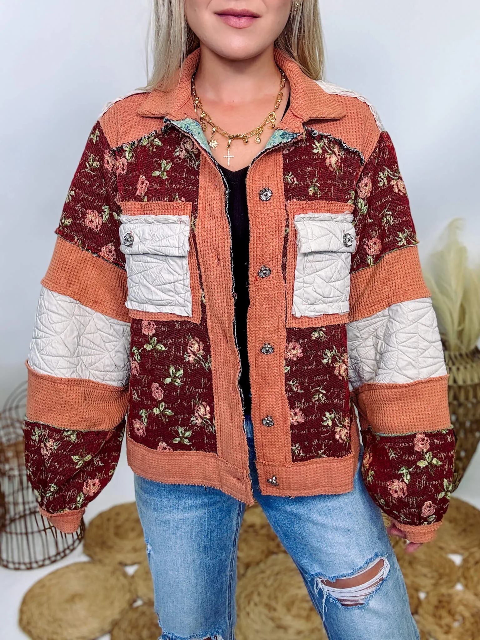 Boho Floral Jacket with Mixed Quilted Fabric by POL