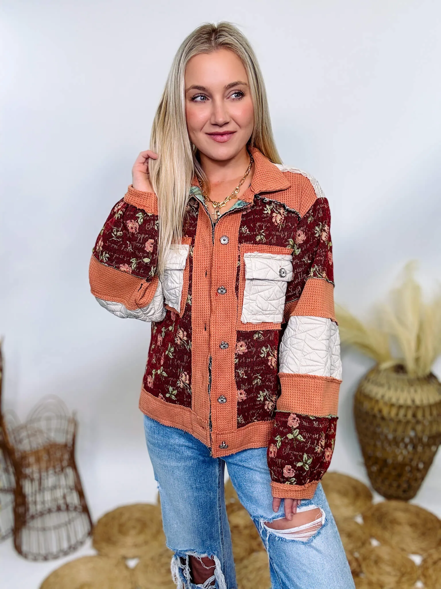 Boho Floral Jacket with Mixed Quilted Fabric by POL