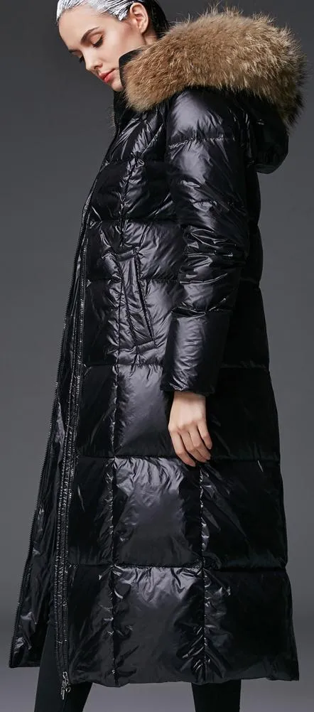Fur-Hooded Long Puffer Coat, Black or Grey