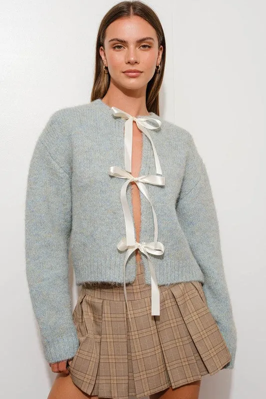 Lara Long Sleeve Satin Bow Tie Knit Cardigan Blue