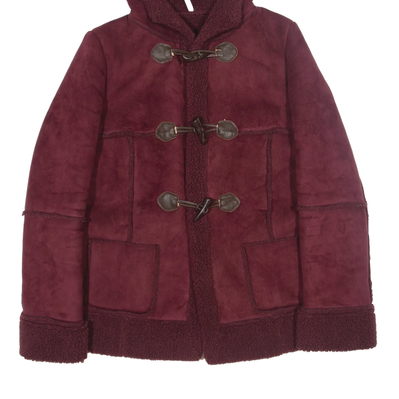 NAF NAF Teddy Fleece Lined Suede Feel Duffle Coat Maroon Womens M