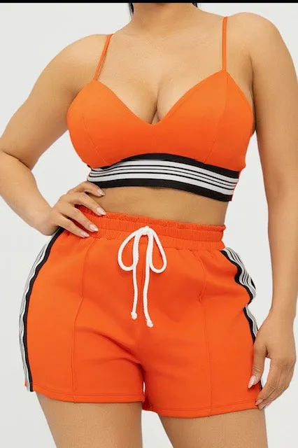 ORANGE TECHINO S/L STRAP TRIM ADJUSTABLE STRIPE TOP SHORT SET