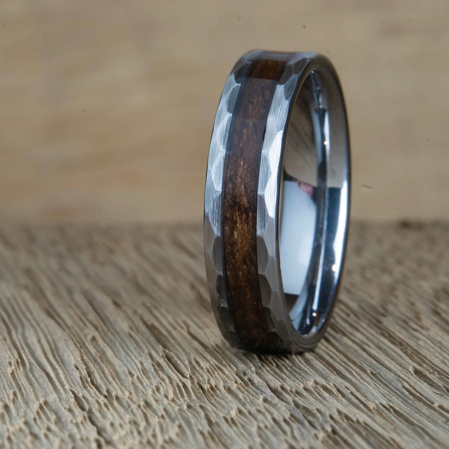 "Deep woods" Hammered tungsten ring with Walnut wood