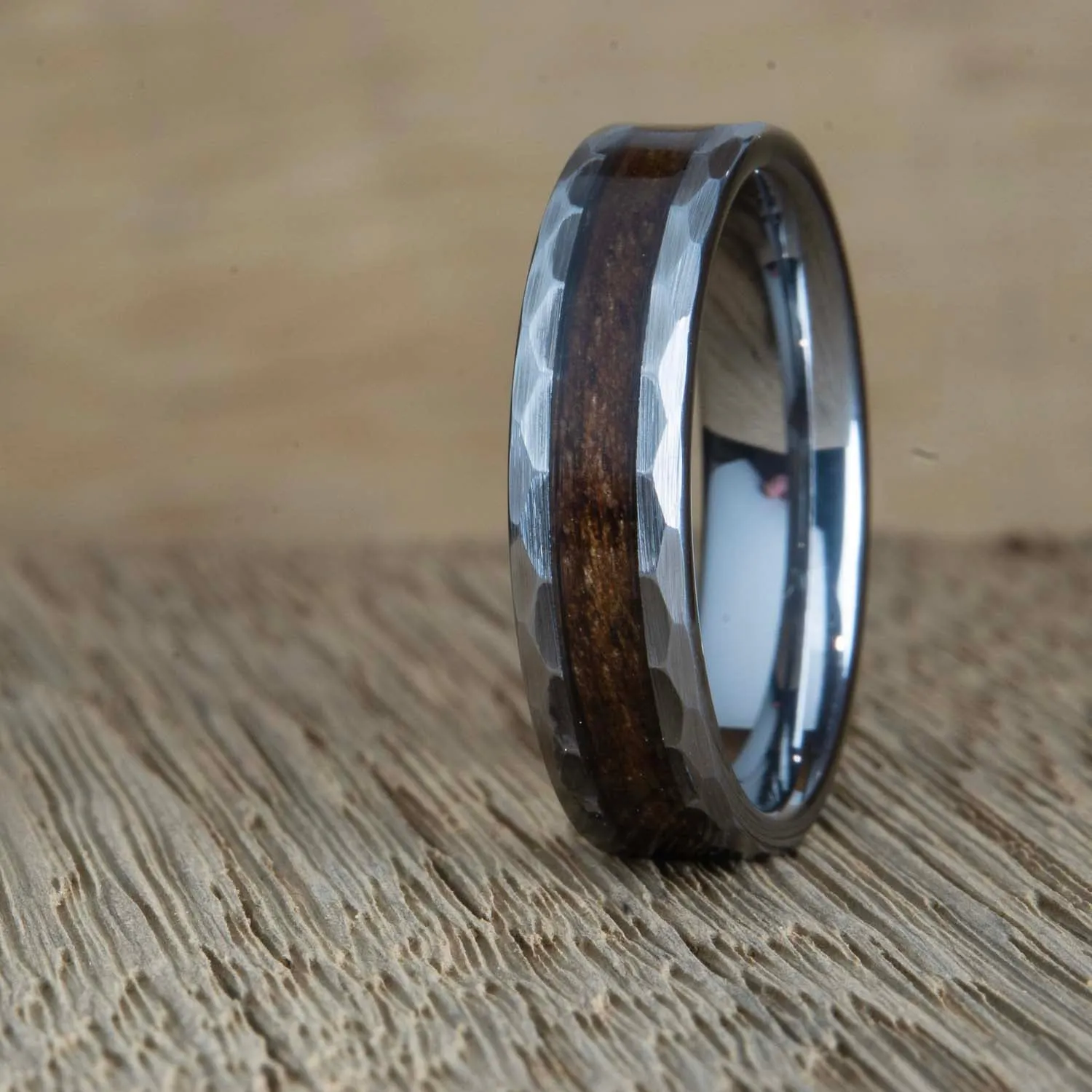 "Deep woods" Hammered tungsten ring with Walnut wood