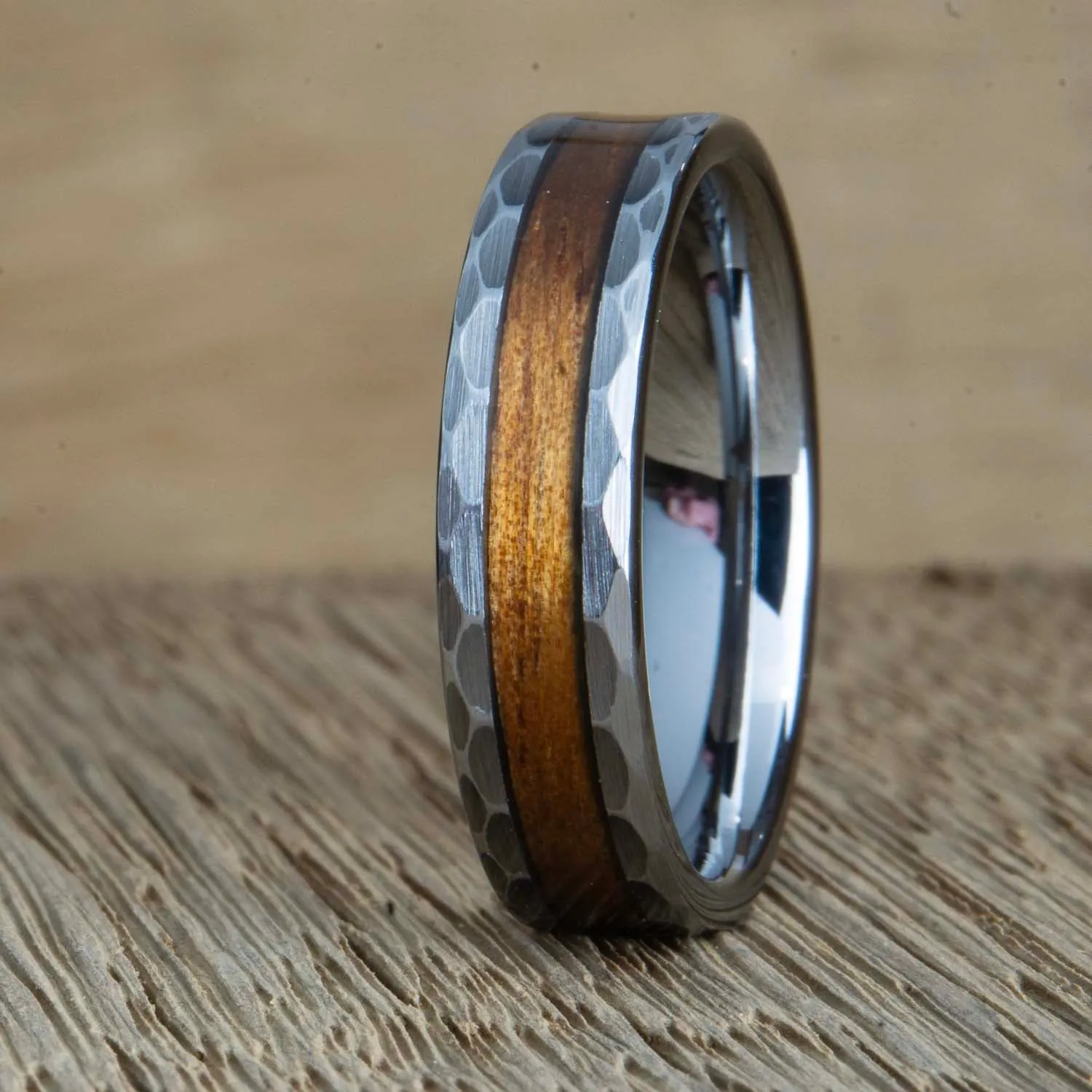 "Hammered Koa" Tungsten ring with hammered look and Koa wood inlay
