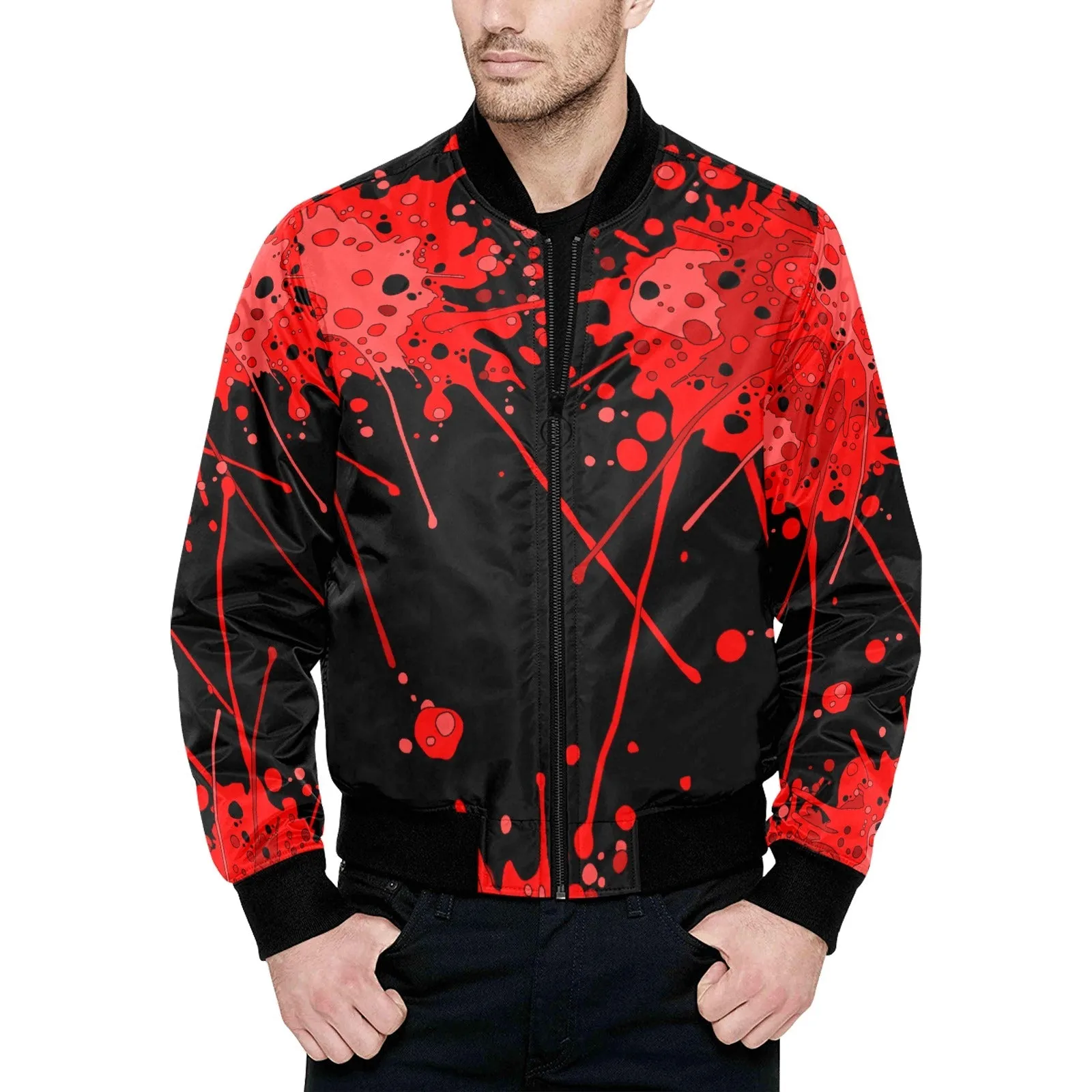 Sickstem, Red Paint Splash Quilted Bomber Jacket (Black)