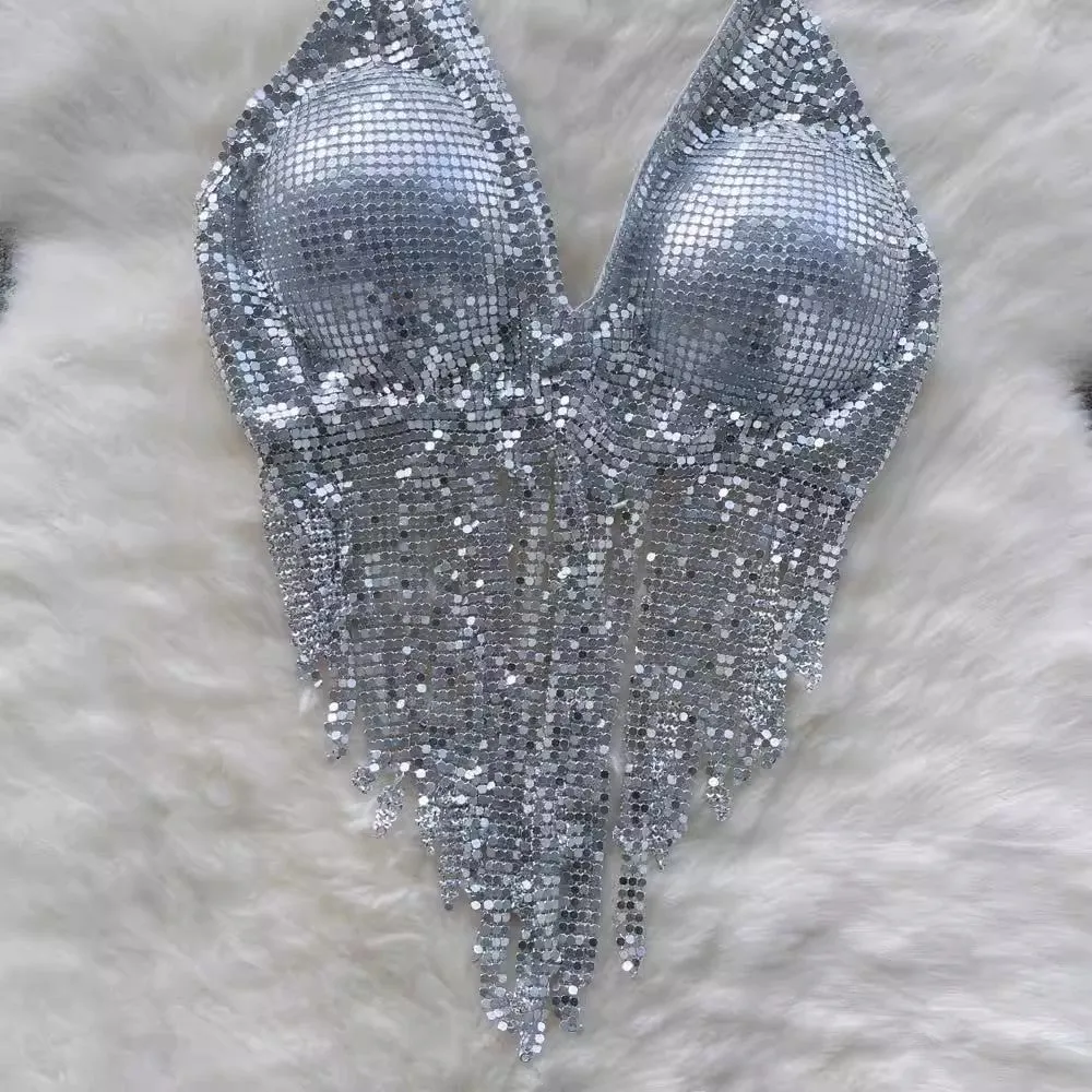 summer sexy design sequined halter top women's short tassel tube top      S4488