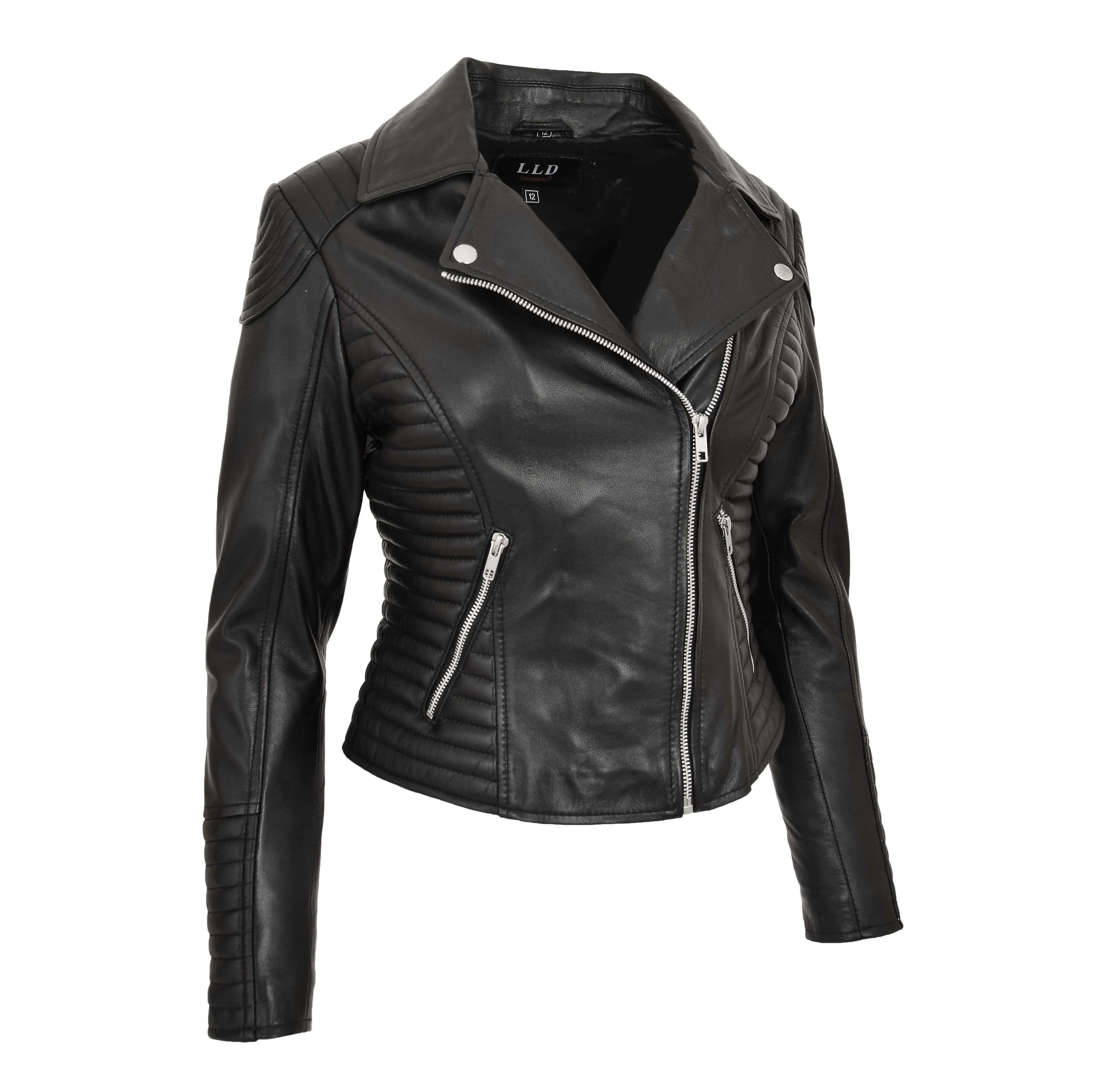 Womens Designer Leather Biker Jacket Fitted Quilted Bonita Black
