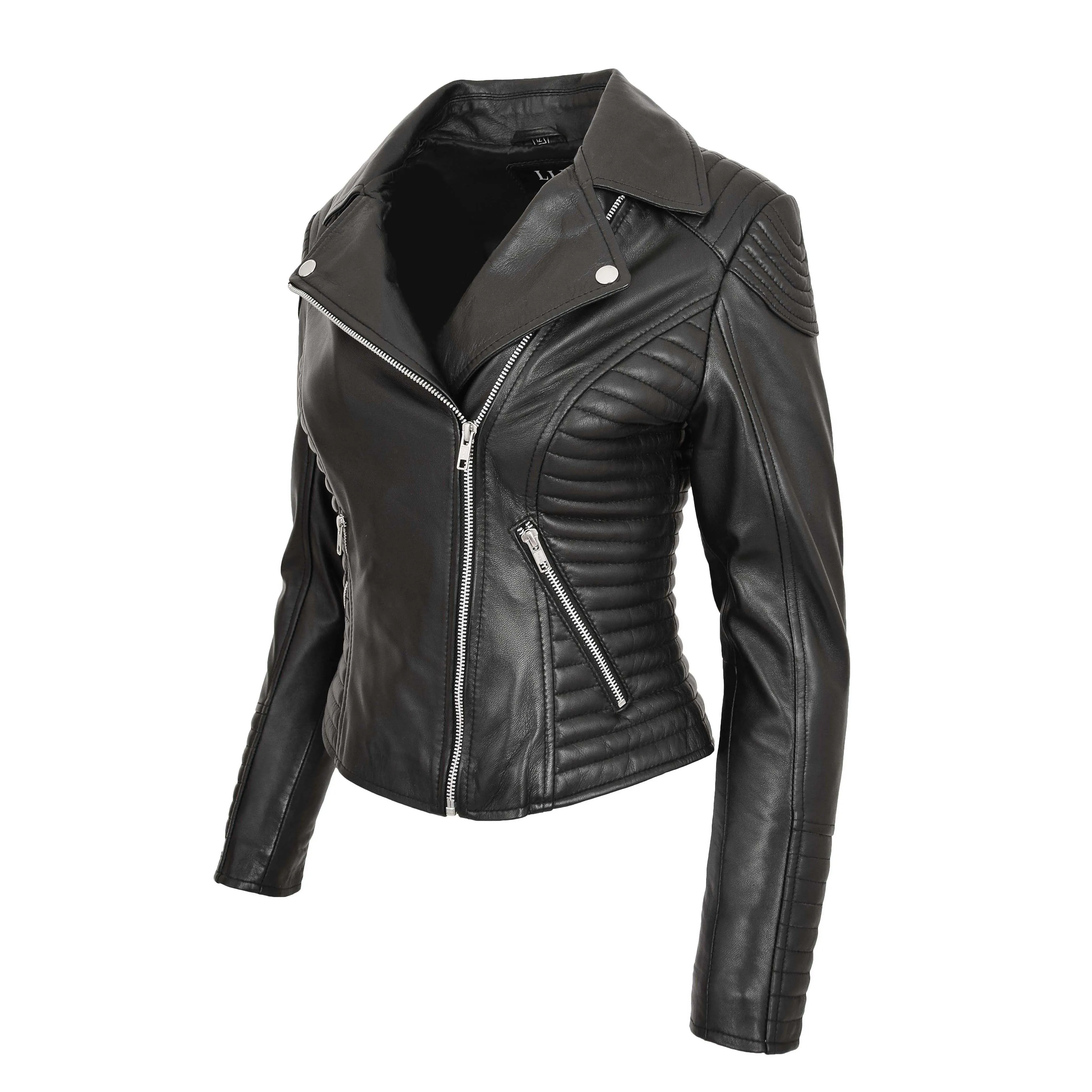 Womens Designer Leather Biker Jacket Fitted Quilted Bonita Black