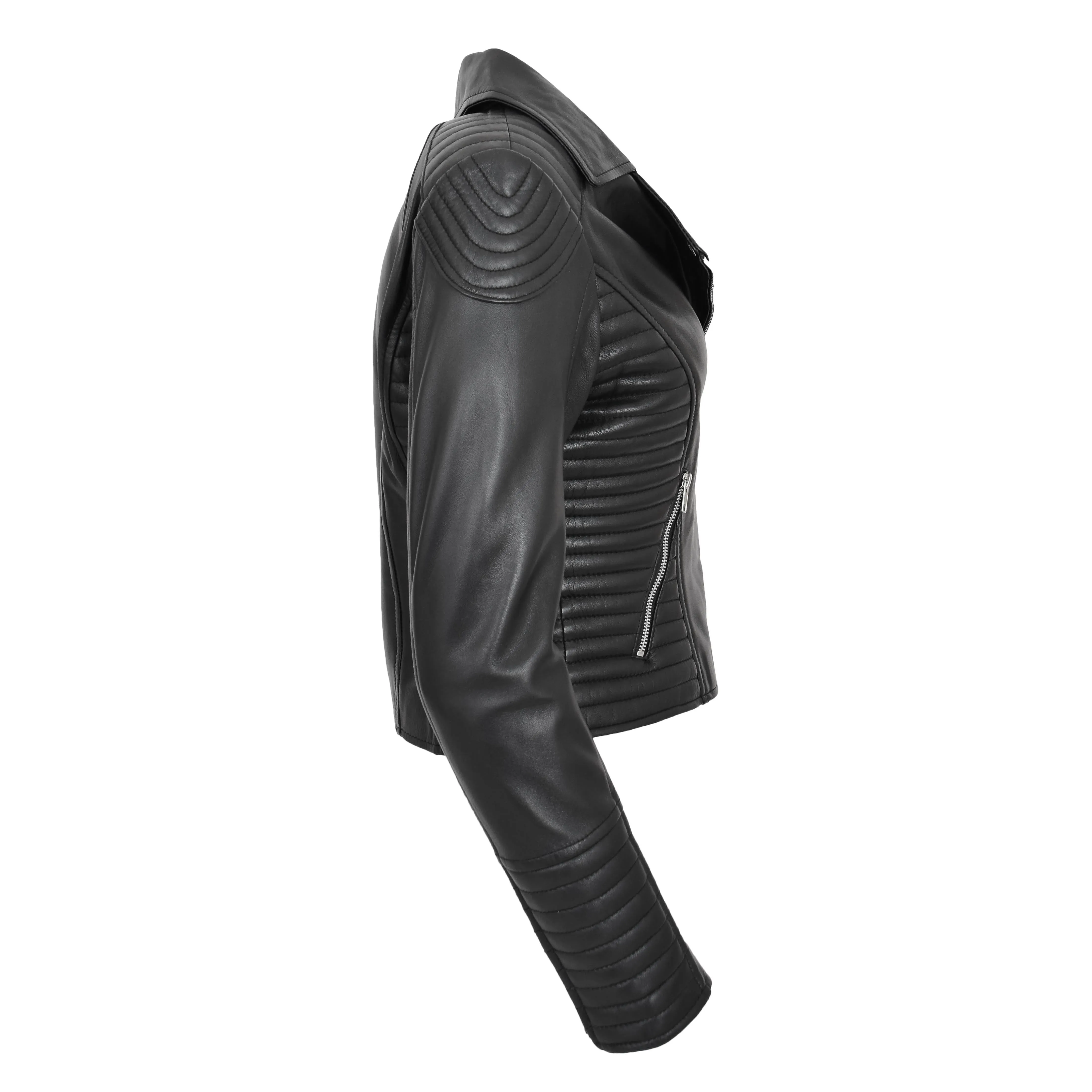Womens Designer Leather Biker Jacket Fitted Quilted Bonita Black