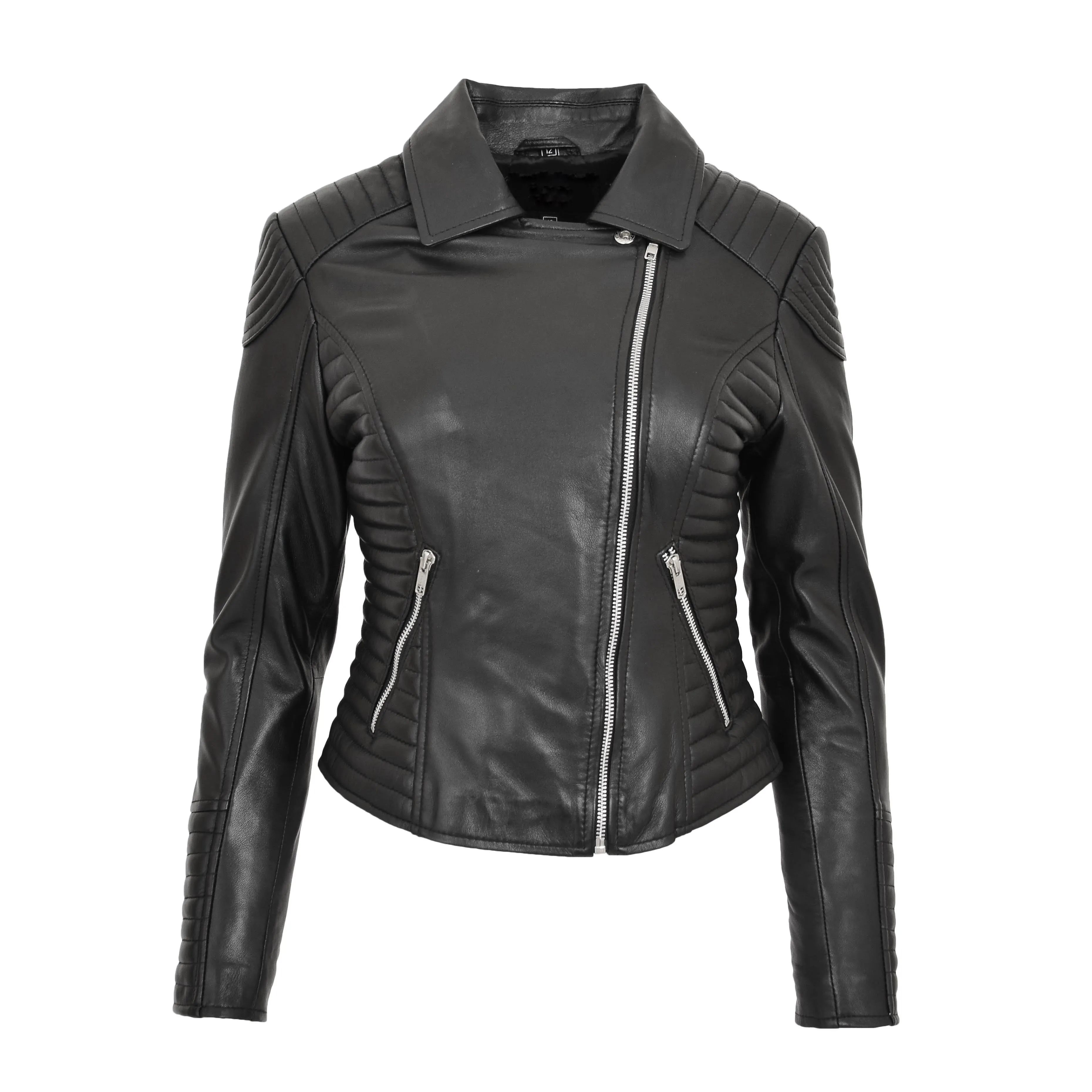 Womens Designer Leather Biker Jacket Fitted Quilted Bonita Black